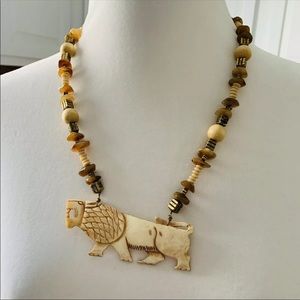 Vintage Artisan Lois Becker Handmade Carved Lion Beaded Tribal Necklace MSRP$295